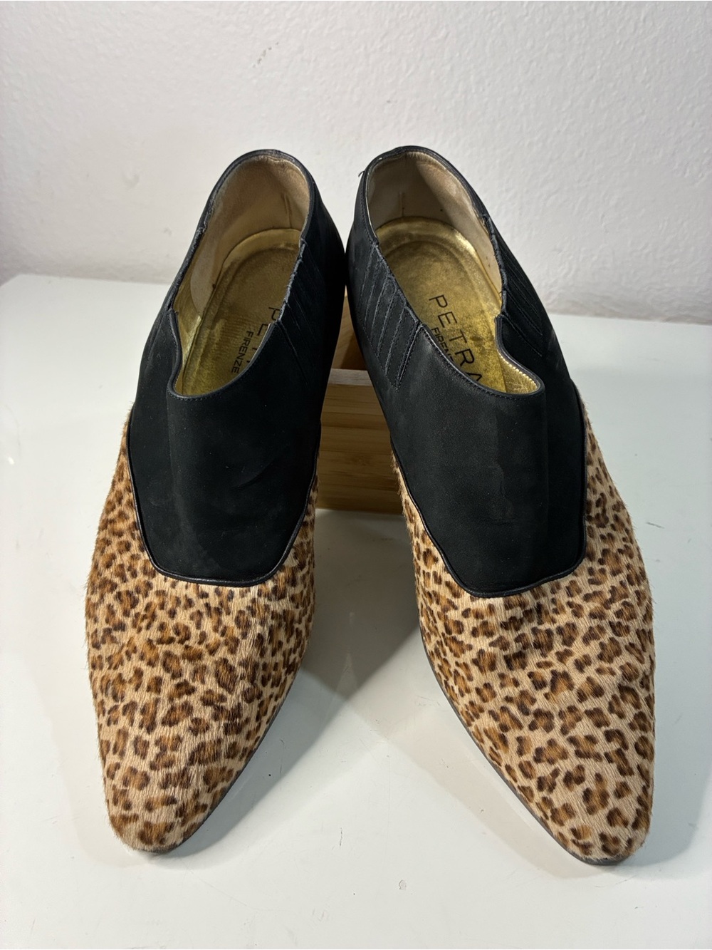 Petra Firenze 10M BLK & Leopard Pointed-Toe Ankle Booties VTG 90s Boho Western